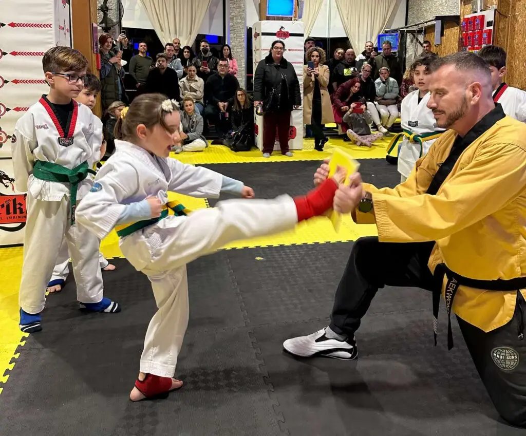 Ο δάσκαλος καθοδηγεί παιδιά σε σπάσιμο σανίδας