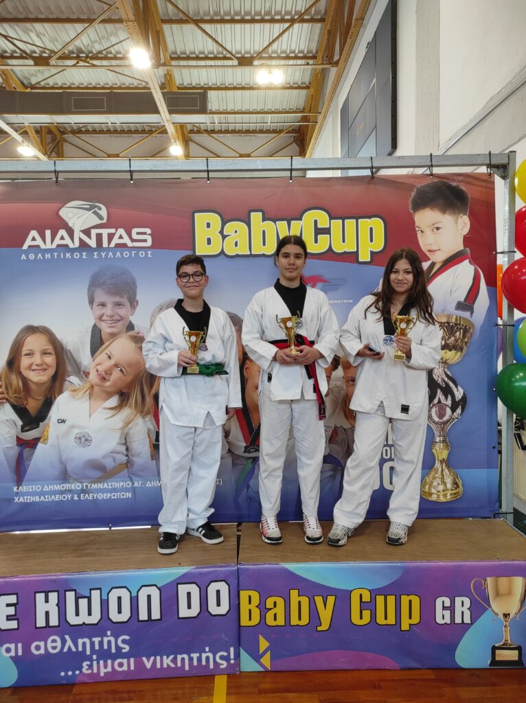 Taekwondo στην Αθήνα – Ομάδα νεαρών αθλητών ποζάρει με κύπελλα και μετάλλια μετά από αγώνες